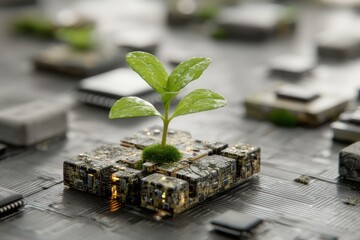 Poster - a small green plant growing from a computer chip, symbolizes technology and nature, new beginning, g