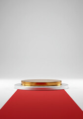Aufkleber - Empty stage with a red carpet and a golden platform in a white space. Show or product display background, clean look for advertising. Minimal scene with a round stand.