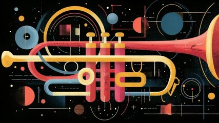 Poster - trumpet on geometric background with vibrant colors and shapes generative ai