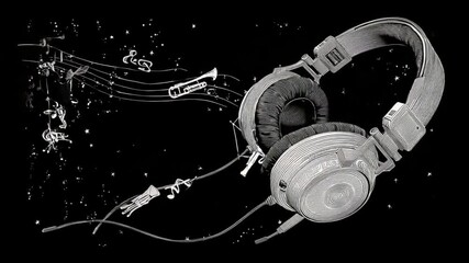 Poster - Headphones Float in Space Transmitting Musical Notes Through Cosmos Generative AI