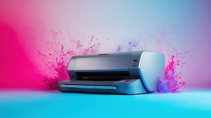 Poster - Modern printer with colorful ink splashes.