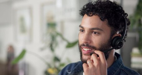 Leinwandbilder - Happy, businessman and agent talking with headset for online advice or consultation at call center. Man, employee or consultant with smile on computer for customer service or tech support at office