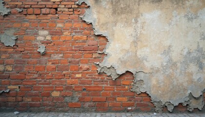 Poster - Weathered brick wall with peeling plaster texture. Aged, distressed facade of red brick with grey concrete remnants. Grunge background for urban, industrial designs, vintage illustrations. Rustic