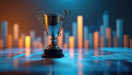Aufkleber - Trophy business success with bar graphs, charts in background. Finance achievement award, corporate strategy, accomplishment, recognition, profit, statistic, investment, pro, target, market,