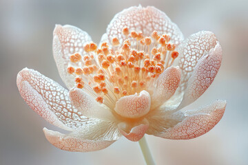 Aufkleber - An intricately detailed flower blossom with delicate petals and vibrant orange stamen, captured in a soft, dreamy macro shot.