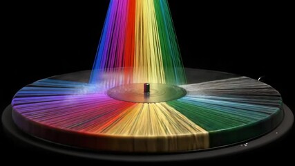 Poster - spinning vinyl record emits vibrant rainbow lights in motion generative ai