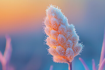 Aufkleber - Macro shot of a light orange flower with fluffy white tips against a blurred blue and orange background.