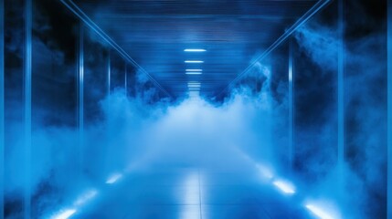 Poster - Blue futuristic corridor with smoke or fog