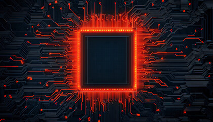 Poster - High tech quantum computing processor with intricate circuit design glowing in red, showcasing advanced technology and innovation