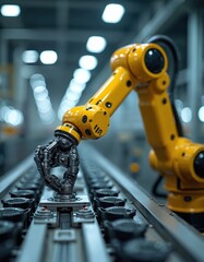 Fototapete - Modern industrial robot arm works on production line. Automated machine tool with yellow steel details, robotic hands processing part. Technological innovation in metalworking. Automation industry