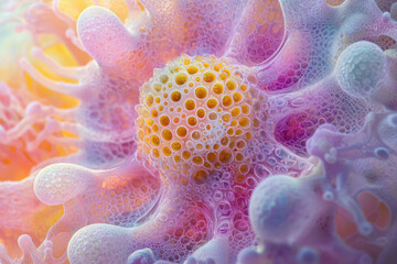 Aufkleber - An abstract close-up showcases organic, cellular structures in vibrant pink, yellow, and purple hues with intricate bubble-like patterns.