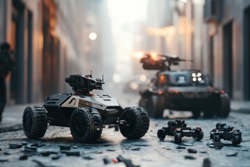 Poster - Advanced robotics showcase in a futuristic urban environment during early morning