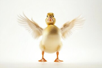 Aufkleber - Duck leaping with wings spread, capturing a playful moment in a humorous freeze-frame against a white background