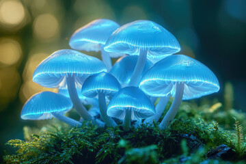 Poster - Illuminated blue mushrooms growing on a mossy surface, glowing with ethereal light in a mysterious forest.