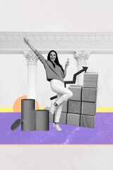 Aufkleber - Creative surreal collage of person with many coins arrows up on white background