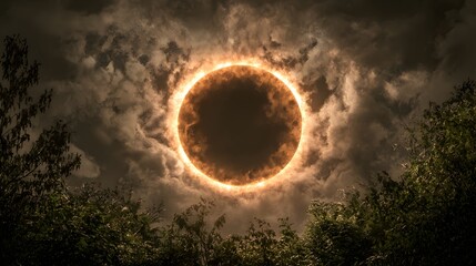 Wall Mural - Solar Eclipse Surrounded by Dramatic Clouds and Silhouetted Trees Against a Dark Sky