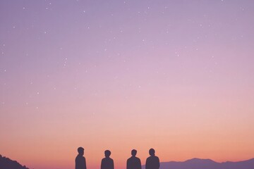 Poster - Dreamy sky gradient from peach to lavender with stars, setting atmosphere for contemplation and connection among friends at dusk