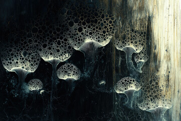 Poster - Abstract depiction of luminous mushrooms with bubble-like caps emerging from a dark, textured, almost painterly, background with wood element.