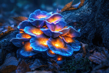 Poster - Luminescent mushrooms glow with a magical inner light, clustered at the base of a dark, mossy tree.