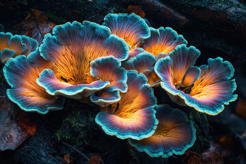 Poster - A vibrant cluster of bioluminescent mushrooms with blue and orange hues grows on a decaying log in a dark, damp forest.