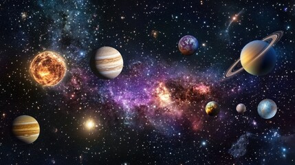 Colorful planets and vibrant nebula in a glowing cosmic milky way scene.