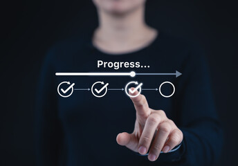 Poster - Checklist and task progress tracking concept. A person pointing at progress bar with checkmarks, task completion, productivity, workflow, goal setting, and efficient project management. loading bar,
