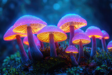 Poster - A cluster of enchanting, glowing mushrooms illuminates a mystical forest floor with vibrant shades of pink, purple, and radiant golden light.