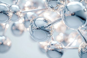 Poster - Macro shot of interconnected shiny silver spheres with light reflections, resembling molecular structure, on a soft white background.