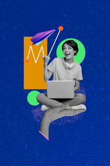 Aufkleber - Zine creative vertical photo collage of happy businesswoman hold laptop point paper plane development concept graph progress