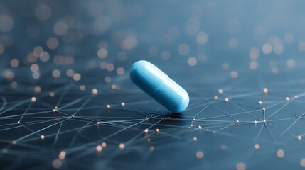 Poster - A single blue pill on a network background with bokeh effect and connecting lines and dots design