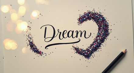 Poster - Glitter Dream calligraphy with red blue glitter and pencil on white background for inspirational message. Dream calligraphy text surrounded by colorful glitter with pencil on the white paper