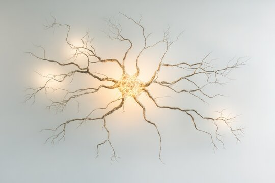A 3D rendering of a neuron with clearly visible axon terminals and dendritic branches, illuminated by soft light on a white background