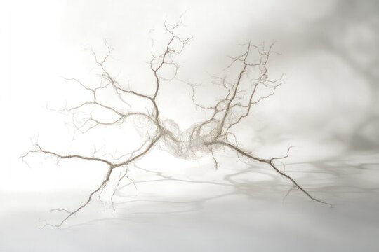 A 3D rendering of a neuron with clearly visible axon terminals and dendritic branches, illuminated by soft light on a white background