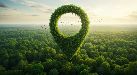 Poster - Leafy location pin over green forest with birds flying in the sky. Nature and environment concept with green location pin above dense forest