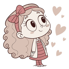 Poster - A cute girl with curly hair and a bow gazes up with wide eyes, surrounded by floating hearts. The playful design captures a moment of joy and innocence