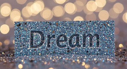 Poster - Glitter Dream Text on Glittery Surface with Bokeh Background. Dream text covered with blue glitter sparkles on a glittery surface against a blurred bokeh background