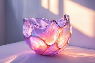 Aufkleber - A captivating, translucent glass bowl with shimmering iridescent colors, bathed in soft, warm light and set against a serene backdrop.