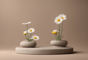 Aufkleber - rendering cosmetic stand display 3d background brown stone blossom daisy flowers podium creative flower concept composition easter blank dais chamomile bright design empty show brand sale decoration