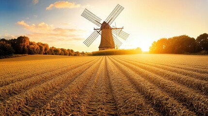 Fototapete - Golden wheat field with a windmill at sunset, showcasing serene rural landscape beauty
