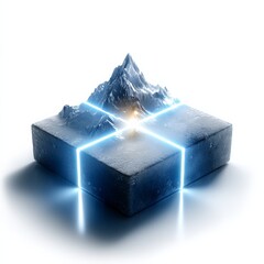 Aufkleber - Isometric Mountain Landscape with Glowing Intersection on a Textured Cube Platform