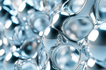 Poster - Abstract close-up showcasing interlocking, shiny, and transparent spheres with reflective surfaces, creating an illusion of depth and intriguing visual texture.