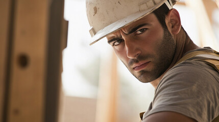 Aufkleber - Worker in hard hat concentrates on construction tasks Generative AI