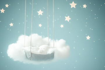 Poster - Dreamy cradle nestled in a soft cloud surrounded by twinkling stars, creating a serene bedtime atmosphere perfect for sweet dreams and relaxation