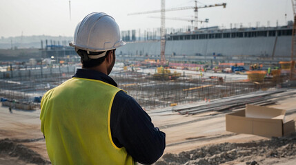 Poster - Construction worker overseeing project site in daylight Generative AI