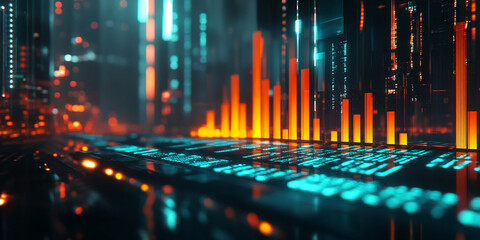 Poster - Abstract digital cityscape with glowing orange and teal bars, resembling data visualization or a futuristic display, showcasing technological advancement and progress