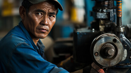 Poster - portrait of a factory worker focused on machine repair generative ai