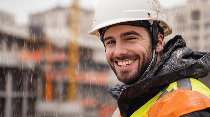 Poster - Worker in hard hat smiling on construction site during rain Generative AI