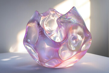 Poster - Iridescent glass vase in organic shape shimmers with rainbow hues under soft light on a white surface, captivating with its artistry.