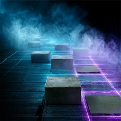 Aufkleber - Abstract Landscape: Concrete Blocks on a Luminous Grid with Ethereal Smoke and a Futuristic, Technological Feel