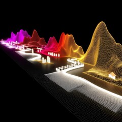Aufkleber - A Neon Wireframe Landscape: Vibrant Digital Mountains and a Winding Path,  Illuminated in the Darkness